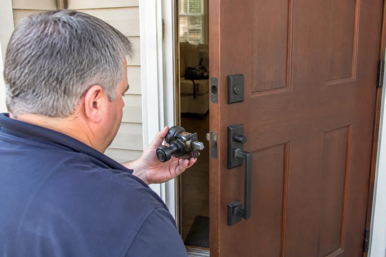 Person holding a removed black lock assembly beside a partly open brown front door with a long black pull handle. — Home Lockout Service, Mississauga