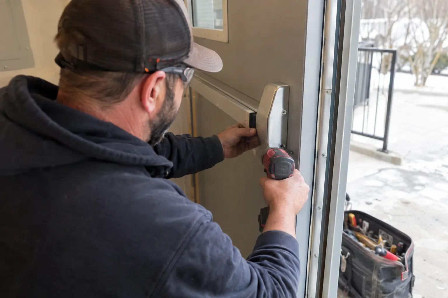 Technician in a cap and safety glasses holding a push bar end cap against a metal door with a red drill.