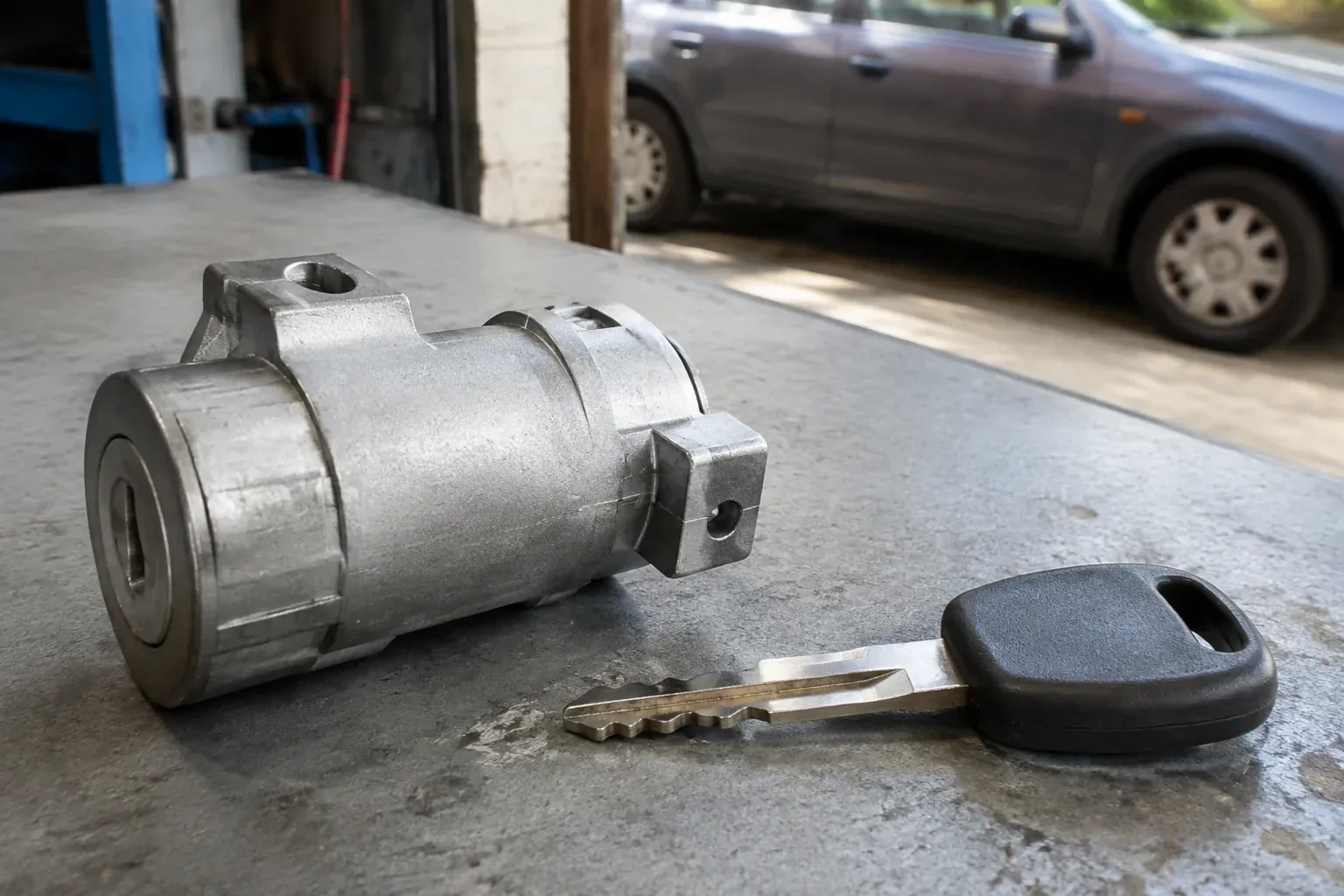Detached cylindrical lock housing and black-headed key on an automotive workbench. — Ignition Lock Repair, Mississauga