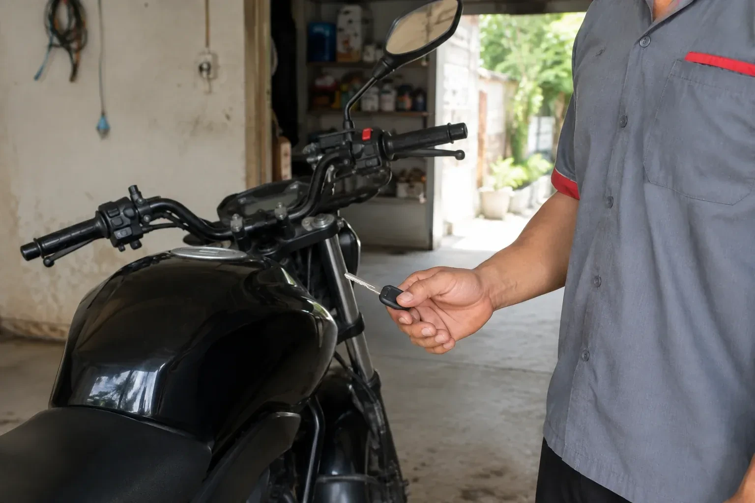 Technician holding a black-headed key beside a parked motorcycle. — Motorcycle & Scooter Keys, Mississauga