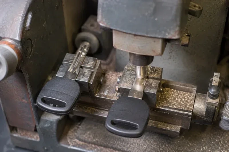 Two black-headed keys clamped in a bench machine, one beneath a vertical cutter, with metal shavings around the clamps. — Spare Car Key Duplication, Mississauga
