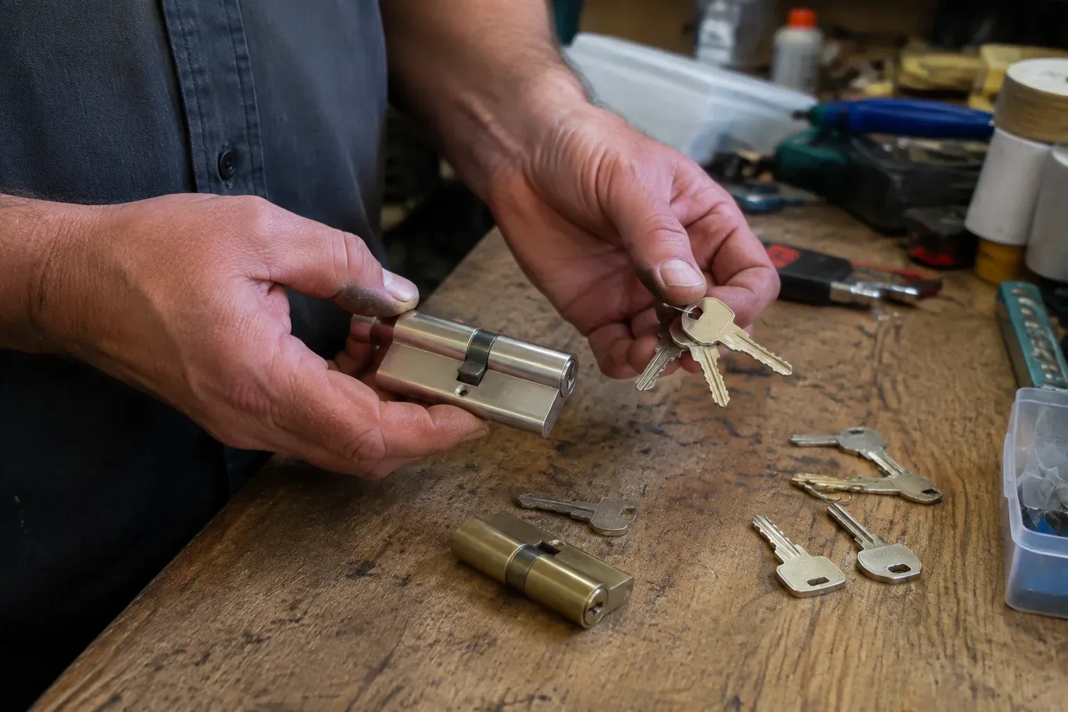 Hands holding a lock cylinder and a ring of keys above a worn workbench with another cylinder and loose keys. — Lock Rekeying, Mississauga