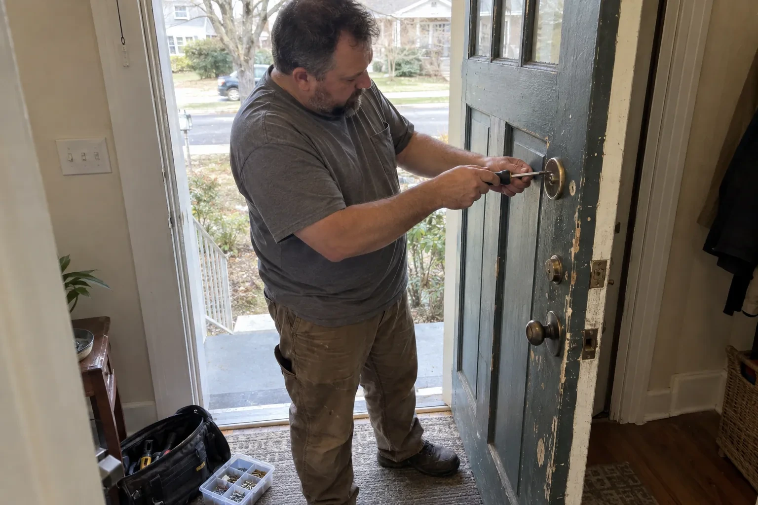 Technician using a screwdriver on the deadbolt of an open blue-gray front door, with a tool bag and screw tray nearby. — Deadbolt Installation, Mississauga
