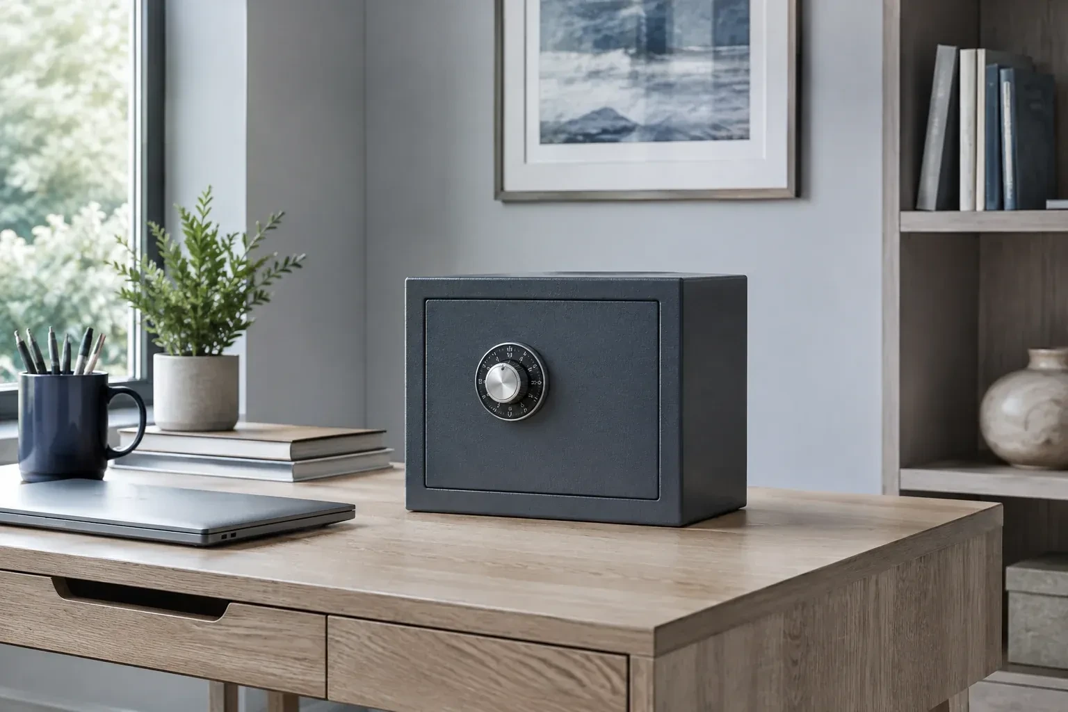Small dark safe with a combination dial on a wooden desk beside a closed laptop and books. — Safe Opening & Combination Change, Mississauga