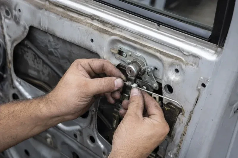 Hands holding a small linkage beside an exposed car-door lock mechanism with the interior trim removed. — Vehicle Lock Repair, Mississauga